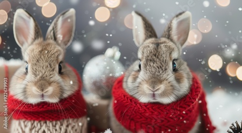Cute Bunnies Playing in Snow With Presents During Winter Holiday Season