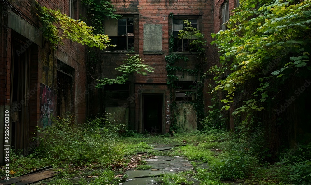 Overgrown abandoned factory. Decaying industrial plant exterior. Post-apocalyptic environment Overgrown abandoned factory. Decaying industrial plant exterior. Post-apocalyptic environment