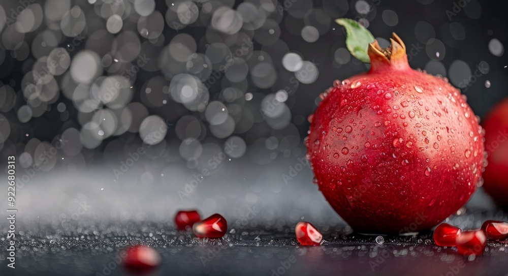 Fresh Pomegranate on Dark Surface With Water Droplets and Sparkling Background Fresh Pomegranate on Dark Surface With Water Droplets and Sparkling Background