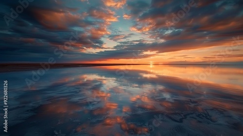 Stunning Sunset Over Calm Waters Reflecting Vibrant Clouds at Dusk