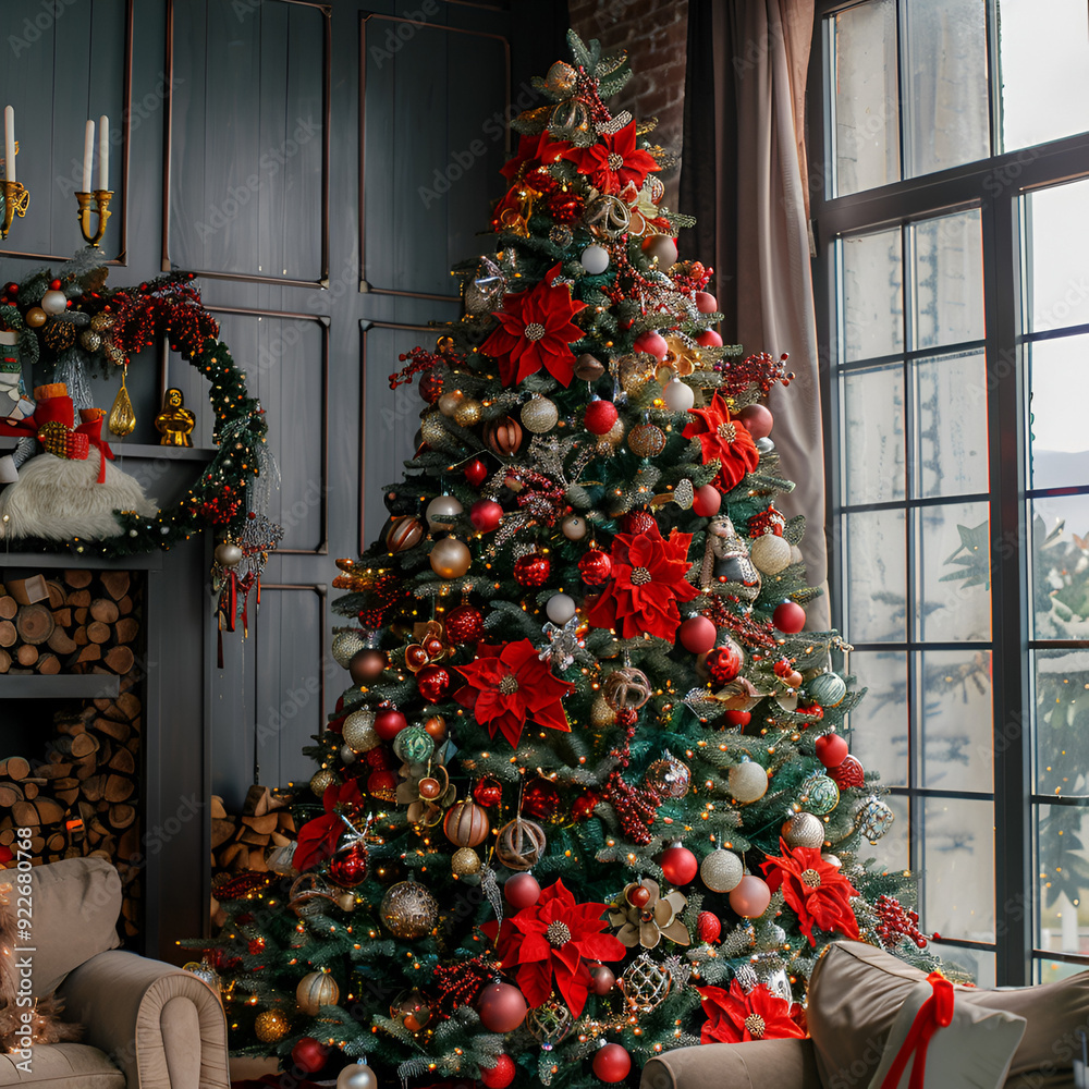 Beautifully Christmas Decorated Home Interior With A Christmas Tree And Christmas Presents Christmas Tree in living room interior - stock photo, Generative Ai Beautifully Christmas Decorated Home Interior With A Christmas Tree And Christmas Presents Christmas Tree in living room interior - stock photo, Generative Ai