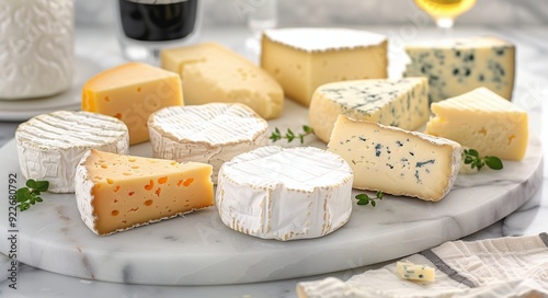 Artisan Cheese Selection on Marble Board With Grapes and Greenery