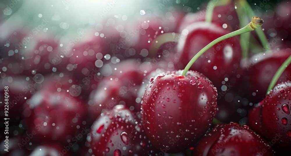 Fresh Red Cherries Covered in Raindrops on a Cool Surface Fresh Red Cherries Covered in Raindrops on a Cool Surface