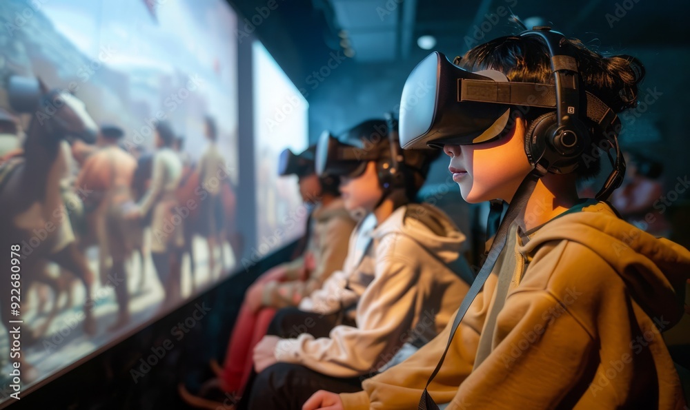 Virtual reality classroom where students interact with digital simulations of historical events, revolutionizing education with immersive learning experiences Virtual reality classroom where students interact with digital simulations of historical events, revolutionizing education with immersive learning experiences
