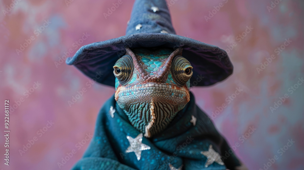 Chameleon in a wizard costume with starry cloak and hat Chameleon in a wizard costume with starry cloak and hat