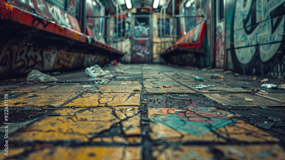 Fototapeta premium Graffiti-covered subway with cracked tiles and trash strewn around