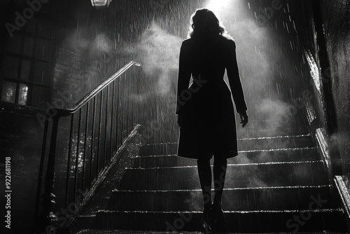 Woman walking up stairs. Dark city street. Rainy weather. Classic Noir movie look.