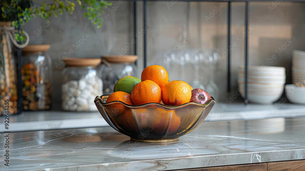 Bowl of assorted fruits on a modern kitchen countertop. Bowl of assorted fruits on a modern kitchen countertop.
