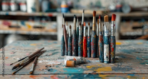 Art Supplies Arranged on a Colorfully Painted Table in a Creative Studio
