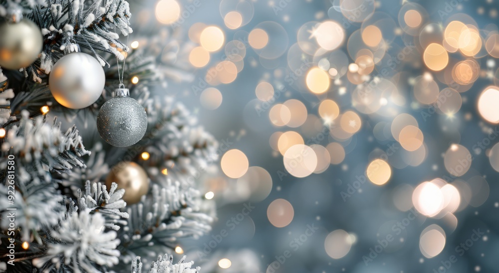 Winter Holiday Decorations on a Frosted Christmas Tree With Blurred Lights Winter Holiday Decorations on a Frosted Christmas Tree With Blurred Lights