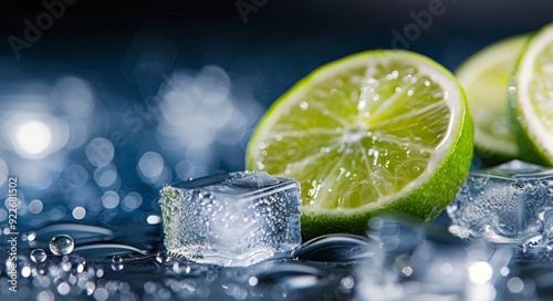 Fresh Lime Slices and Ice Cubes on a Reflective Surface