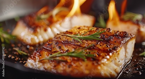 Grilled Salmon Fillets Garnished With Fresh Herbs on a Black Plate