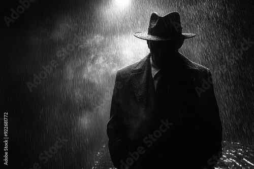 Man walks dark street alley in the rain. He is wearing a hat and a coat characterized as a classic detective or gangster look. Classic Noir movie look.