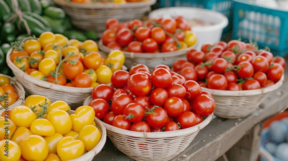 Fresh Tomatoes and Yellow Cherry Tomatoes at Local Farmers Market Stall