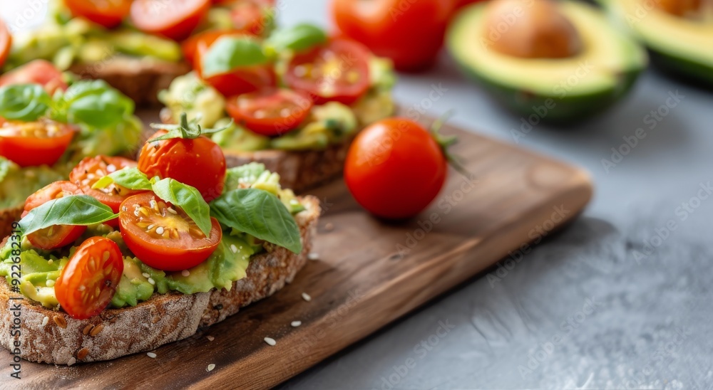 Avocado Toast With Cherry Tomatoes and Fresh Basil on Rustic Cutting Board Avocado Toast With Cherry Tomatoes and Fresh Basil on Rustic Cutting Board