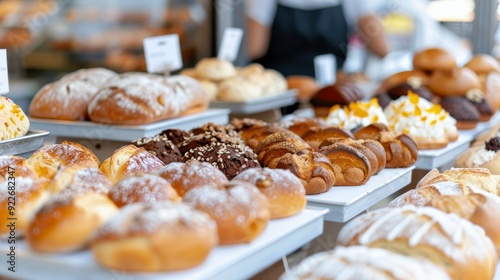 Freshly Baked Bread and Pastries Displayed on Shelves at a Bakery Shop