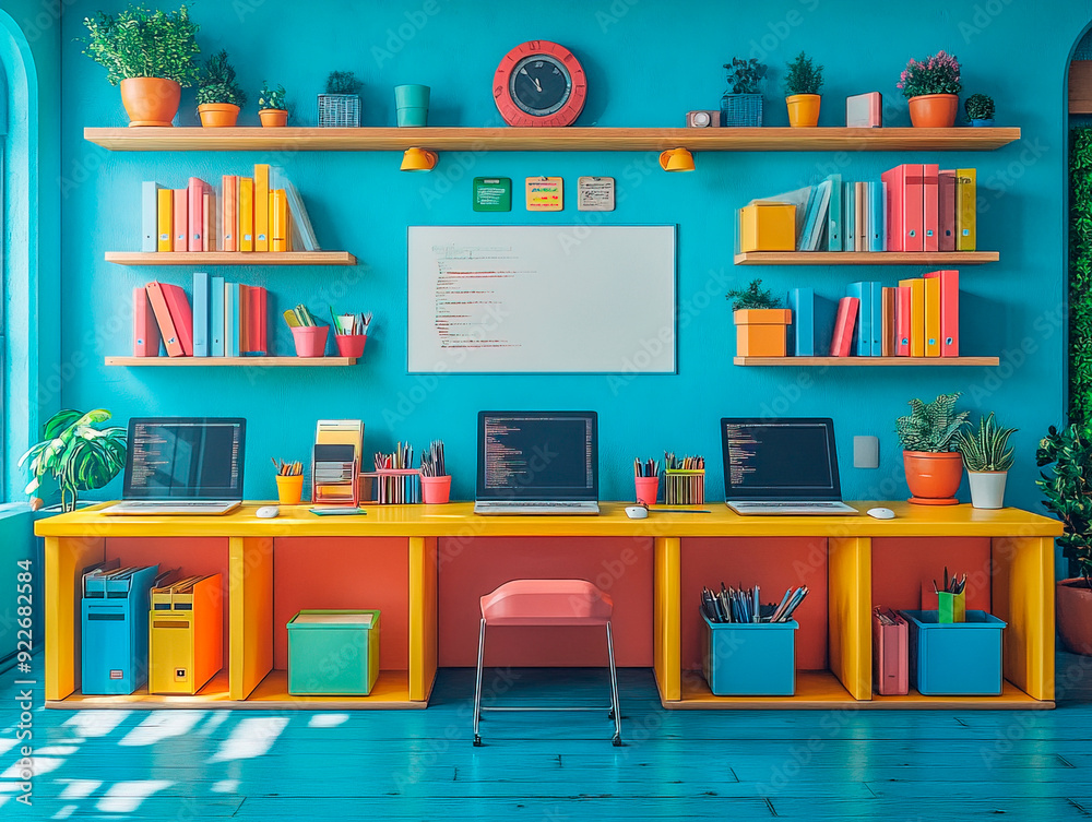 Podium background computer lab product display 3D laptop stand coding. Back to school podium with computers, coding books, and a digital whiteboard, emphasizing technology and innovation in education. Podium background computer lab product display 3D laptop stand coding. Back to school podium with computers, coding books, and a digital whiteboard, emphasizing technology and innovation in education.