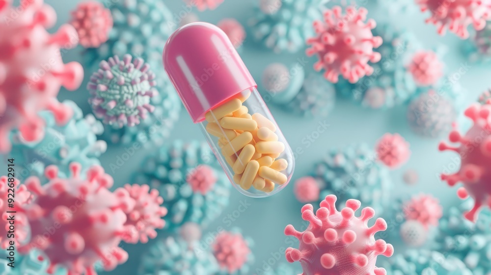 Colorful capsule pill floating among virus particles, representing medical innovation and healthcare advancements. Colorful capsule pill floating among virus particles, representing medical innovation and healthcare advancements.