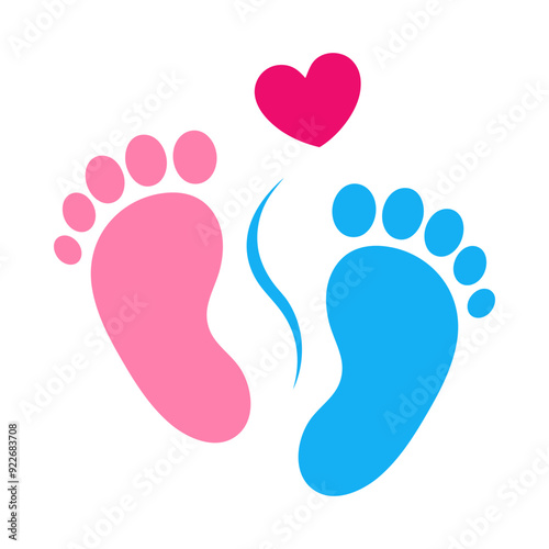 Foot prints icon. Pink and blue baby footprints icon with heart shape, isolated on white background. Vector illustration