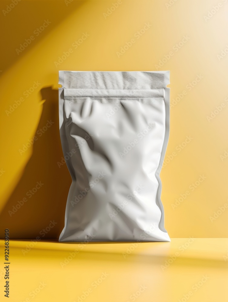 White resealable packaging pouch against a bright yellow background. White resealable packaging pouch against a bright yellow background.