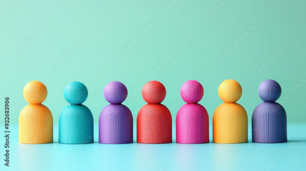 Colorful wooden figurines in a row against a pastel background Colorful wooden figurines in a row against a pastel background