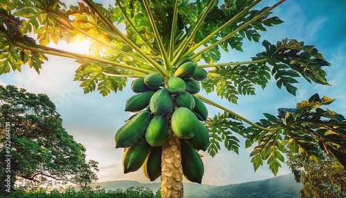 A papaya tree with large, vibrant green papayas hanging from the trunk, with the tropical sunlight casting intricate shadows on the leaves. photo