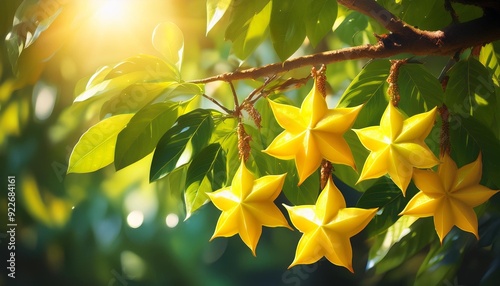 A close-up of a starfruit tree, with shiny, yellow starfruits hanging from the branches, surrounded by lush green leaves and soft sunlight.