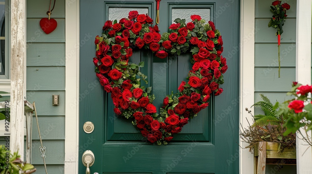 A green door is decorated with a heart of red roses, adding a romantic touch to the exterior of a lovely home A green door is decorated with a heart of red roses, adding a romantic touch to the exterior of a lovely home