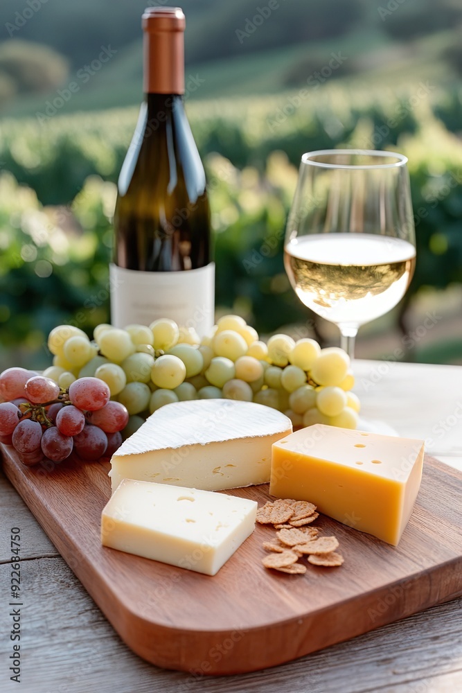 Cheese and Grape Platter with a Glass of Wine in a Beautiful Vineyard Setting