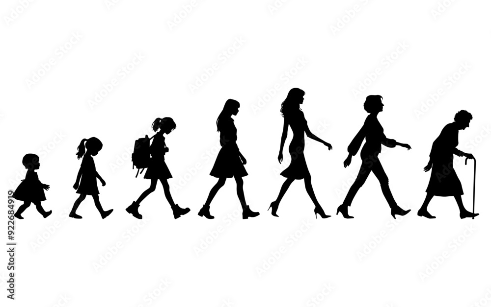 Vector illustration. Silhouette of growing up man from baby to old age. Many people of different ages in a row Vector illustration. Silhouette of growing up man from baby to old age. Many people of different ages in a row