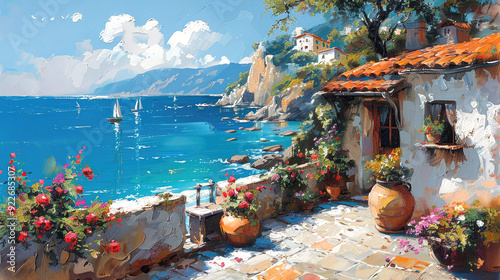 Mediterranean landscape with a small town, sea, flowers, oil painting style