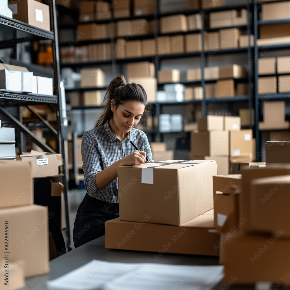 a young woman in a warehouse setting, carefully labeling or writing on a cardboard box, businesswoman, small business owner holding pen writing addressee details on cardboard box a young woman in a warehouse setting, carefully labeling or writing on a cardboard box, businesswoman, small business owner holding pen writing addressee details on cardboard box