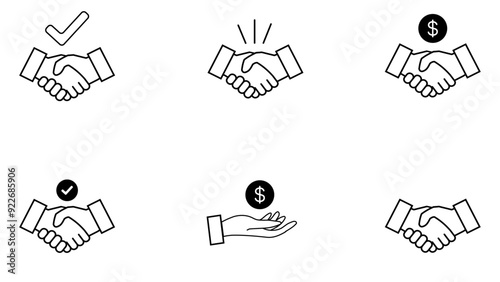 handshake icon set, partnership deal icon, business agreement, deal icon, money icon, friendly handshake icon, 5 handshake icon set, successful deal, vector illustration. photo