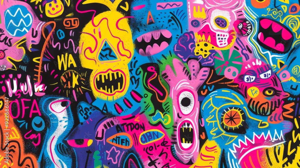 Vibrant Graffiti Artwork Featuring Abstract Faces and Patterns Vibrant Graffiti Artwork Featuring Abstract Faces and Patterns