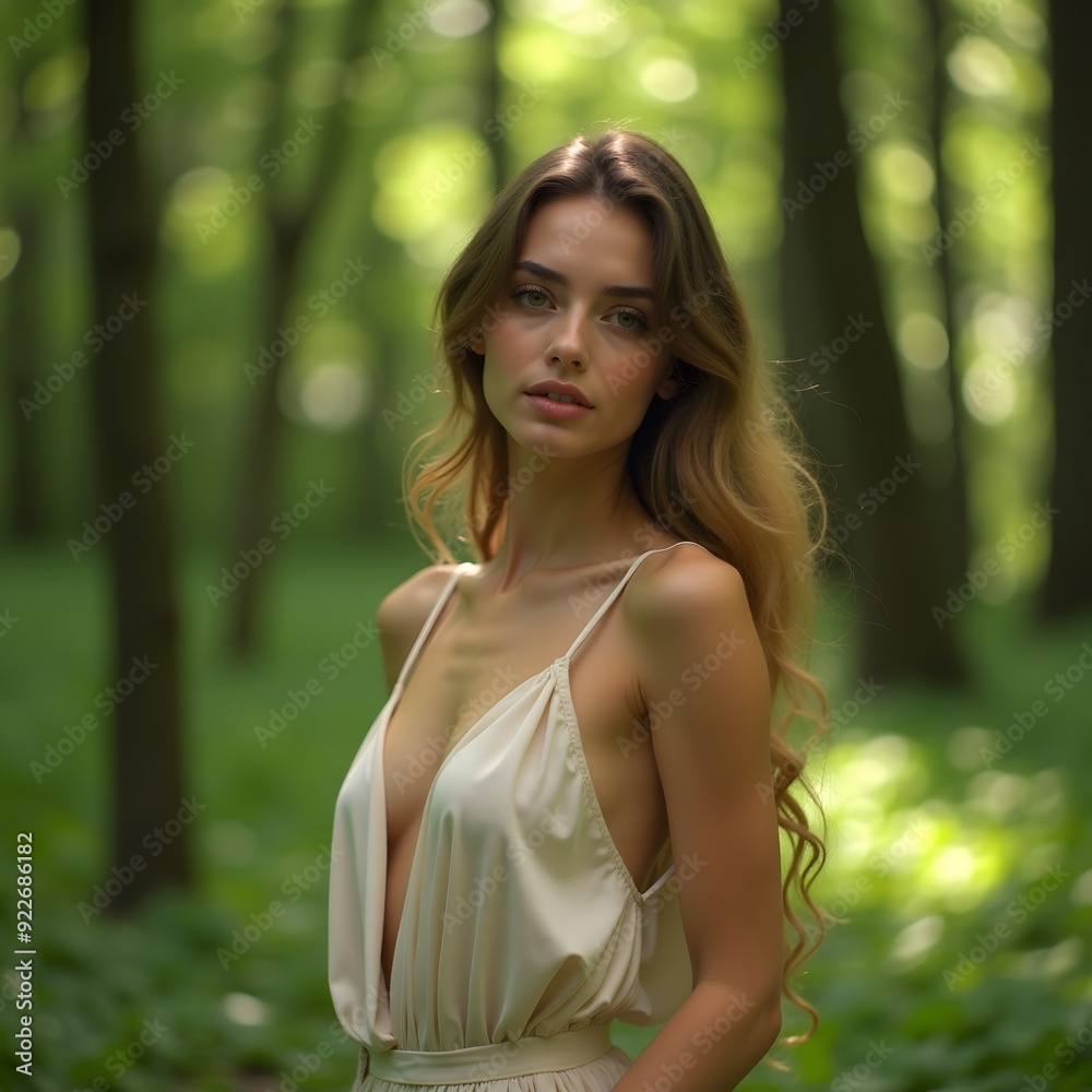 Beautiful woman in the forest during summer
