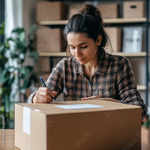 a young woman in a warehouse setting, carefully labeling or writing on a cardboard box, businesswoman, small business owner holding pen writing addressee details on cardboard box photo