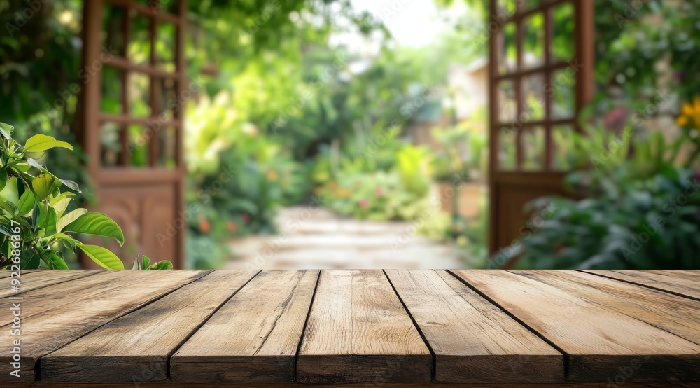 Display your exquisite products on this empty wooden tabletop, beautifully framed by a lovely, blurred green garden backdrop that creates an appealing and inviting presentation for viewers