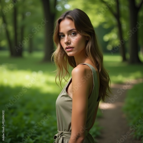 Beautiful woman in the forest during summer