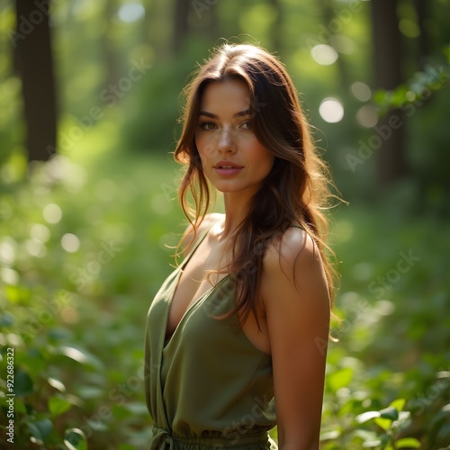 Beautiful woman in the forest during summer