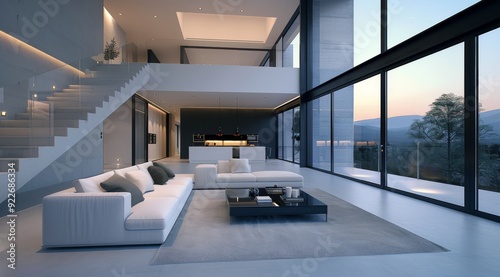 Modern Open Concept Living Room Overlooking Urban Skyline at Dusk
