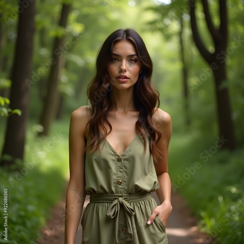 Beautiful woman in the forest during summer