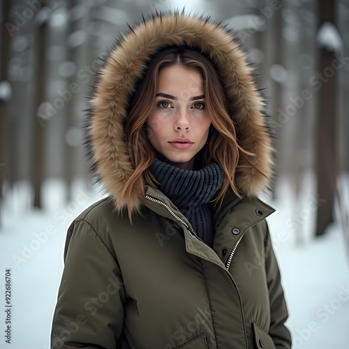 Beautiful woman in the forest during winter