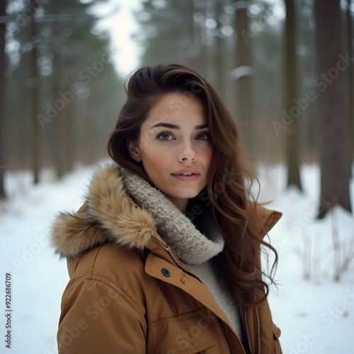 Beautiful woman in the forest during winter