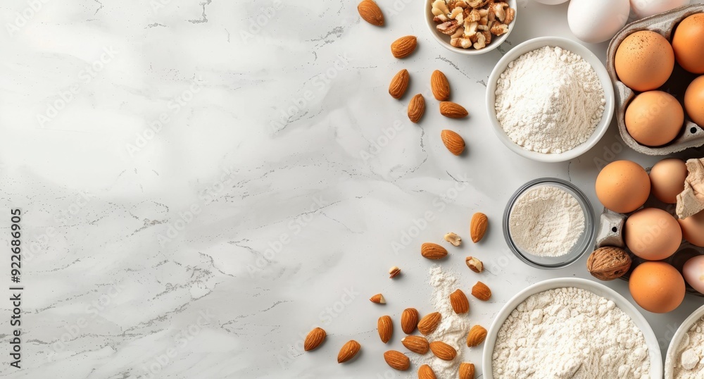 Cooking Ingredients on Marble Counter for Baking Eggs and Almonds in a Cozy Kitchen