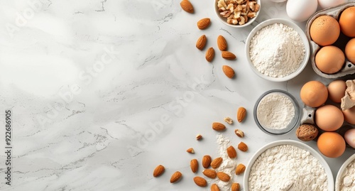 Cooking Ingredients on Marble Counter for Baking Eggs and Almonds in a Cozy K...