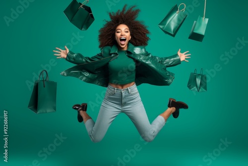 Full size picture of funny excited amazed shocked brunette curly girl hold bags on travel have bargains jump run wear green jacket denim style stylish trendy jeans isolated over green color background photo