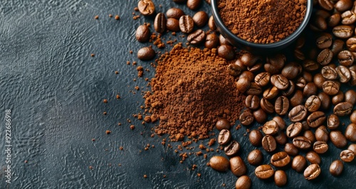 Freshly Ground Coffee Beans and Powder on Dark Surface