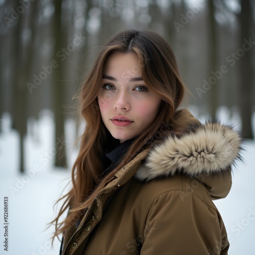 Beautiful woman in the forest during winter
