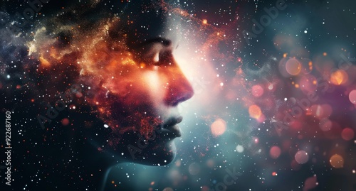 Cosmic Reflection: Profile of a Woman Surrounded by Nebulas and Stars in a Dr...