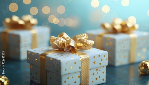 Elegant Gift Box with Golden Ribbon and Sparkling Background